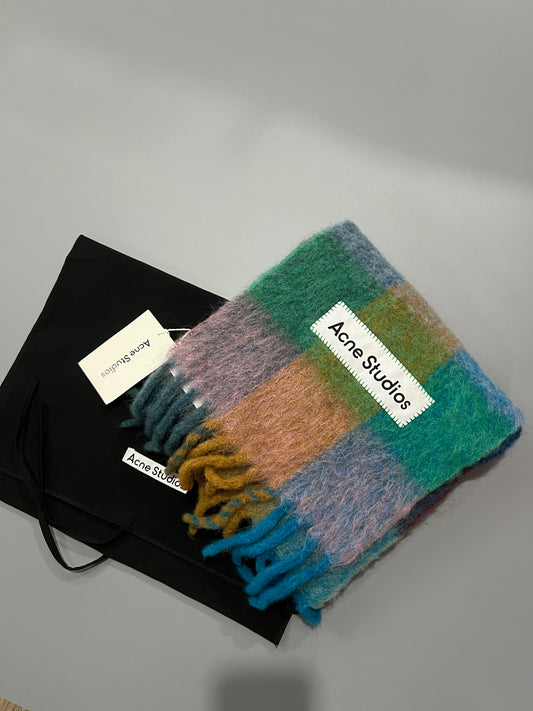 ผ้าพันคอลายตารางโมแฮร์ เทอร์ควอยซ์/คาเมล/ฟ้า - ขนาดเดียว (ย.)