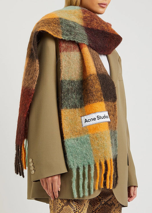 ผ้าพันคอลายตารางโมแฮร์ สีน้ำตาล/เหลือง/เขียว - ขนาดเดียว (U)