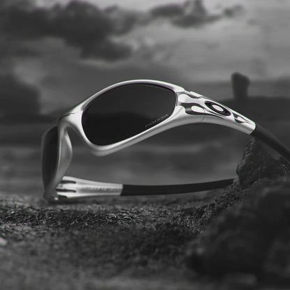Oakley MUZM Straight Jacket 99 Sunglasses Silver Grey Flames / Prizm Black