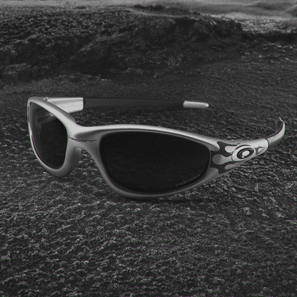 Oakley MUZM Straight Jacket 99 Sunglasses Silver Grey Flames / Prizm Black