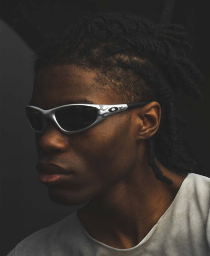 Oakley MUZM Straight Jacket 99 Sunglasses Silver Grey Flames / Prizm Black